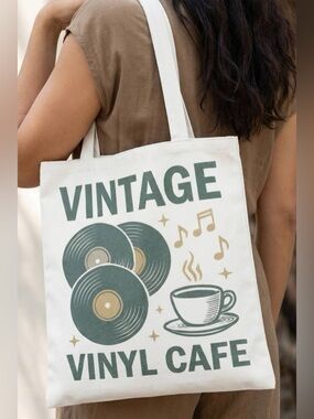 💿 Hello Cute Tote! Fame Vintage Vinyl Cafe Tote Bag